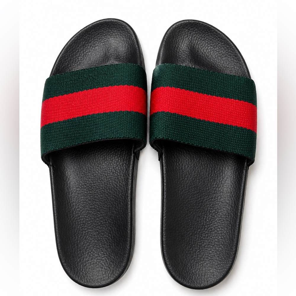 NWOT Black Slides with Green and Red Web Stripe UNISEX 10Women/8.5 MEN